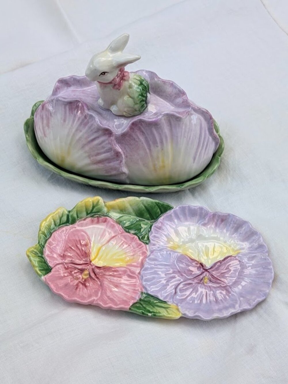 Hand-painted Ceramic Rabbit Butter Dish Pansy Lid Cream Box